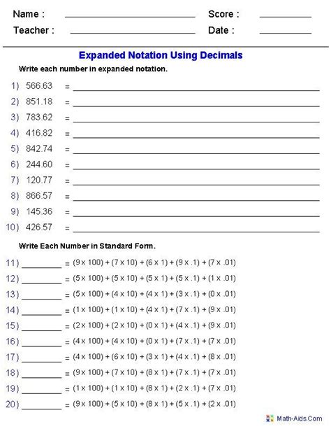 The Expanded Notation Worksheet Is Shown In This File For Students To