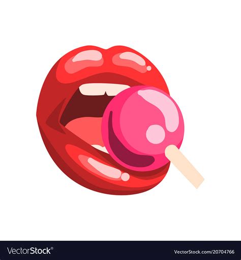 Mouth Licking Lollipop Red Female Glossy Lips And Vector Image