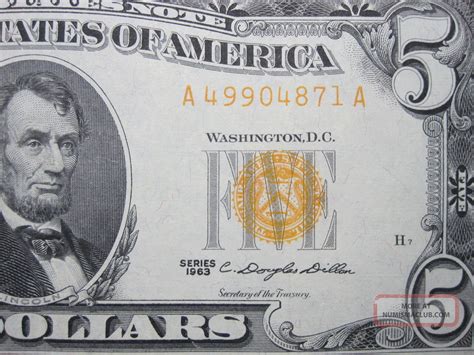 United States 1963 5 Red Seal Five Dollar Legal Tender Yellow Seal