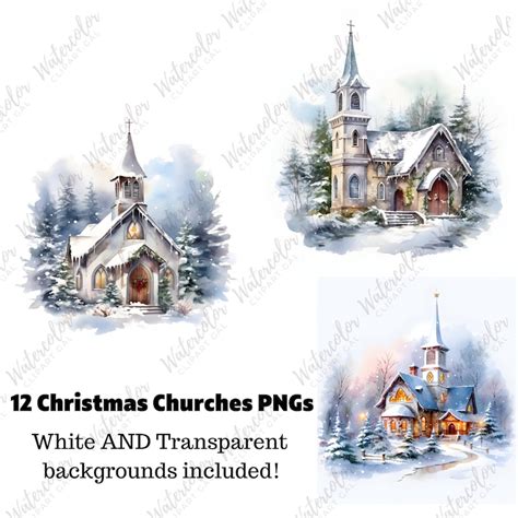 Holiday Christmas Churches Watercolor Png Bundle Christian Etsy
