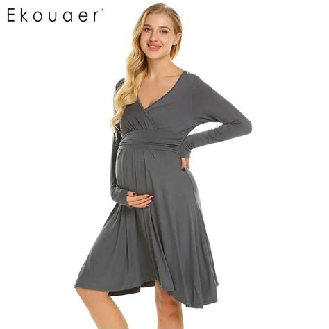 Ekouaer Women Chemise Nightdress Maternity Nursing Nightgown Casual Solid V Neck Long Sleeve