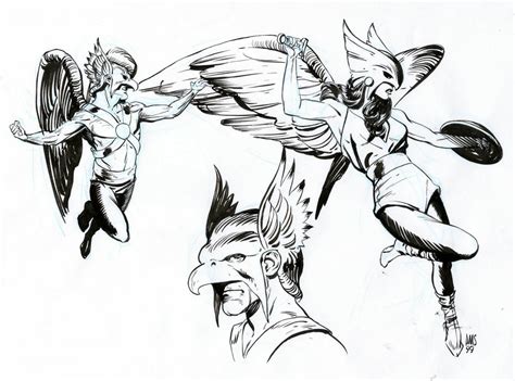 Hawkman And Hawkgirl Non Repro Blue And Ink Sketch 1999 Paul Smith