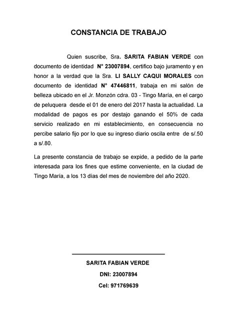 Constancia DE Trabajo CONSTANCIA DE TRABAJO Quien Suscribe Sra SARITA FABIAN VERDE Con