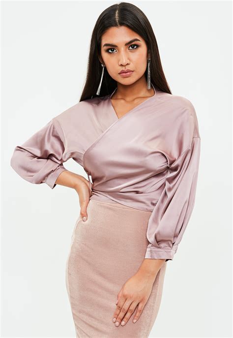 Lyst Missguided Purple Satin Tie Blouse In Purple