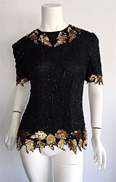 Beautiful Vintage Black Gold Silk Beaded Scalloped Sequin Blouse Top