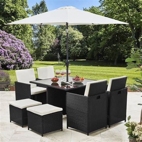 8 Seater Rattan Cube Outdoor Dining Set With Parasol Black Weave