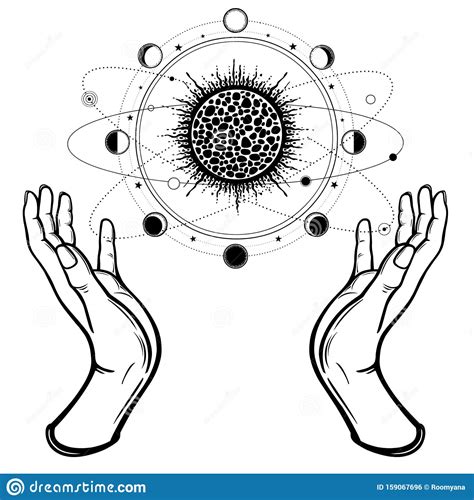 Human Hands Hold A Stylized Solar System Cosmic Symbols Phase Of The