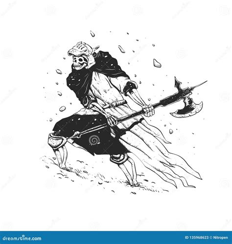 Skull Knight In The Snow Black And White Medieval Grim Reaper Stock