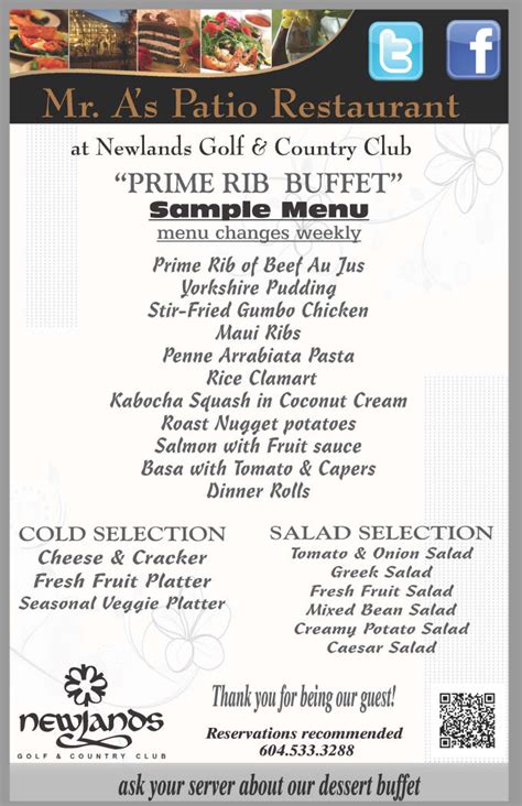As its name suggests, it comes from the rib section and includes between two and seven ribs, depending on because it is one of the best cuts of beef, prime rib is usually a dinner for special occasions, which calls for a special menu. Sample Menu Prime Rib Buffet - Newlands Golf and Country Club