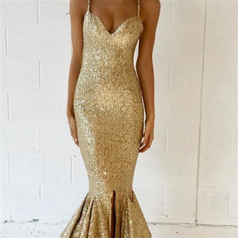 sparkly straps gold sequins mermaid long prom dress with slit on luulla