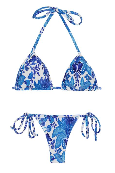 Floral White And Blue Side Tie String Bikini Hortensia Micro Rio De Sol