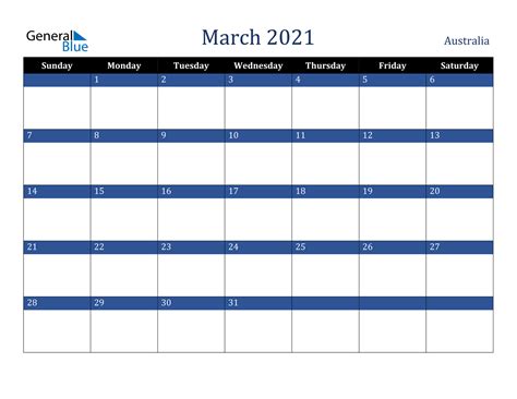 This free 2021 monthly calendar templates are printable in pdf, excel, and word. March 2021 Calendar - Australia