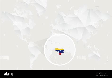 Venezuela Map With Flag In Contour On White Polygonal World Map Vector