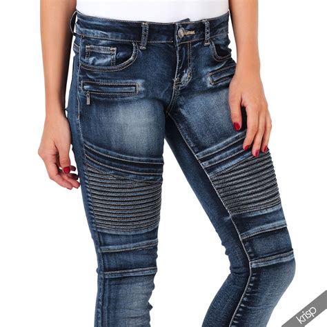 Womens Stretch Denim Skinny Slim Fit Biker Knee Leg Jeans Zipper Pants