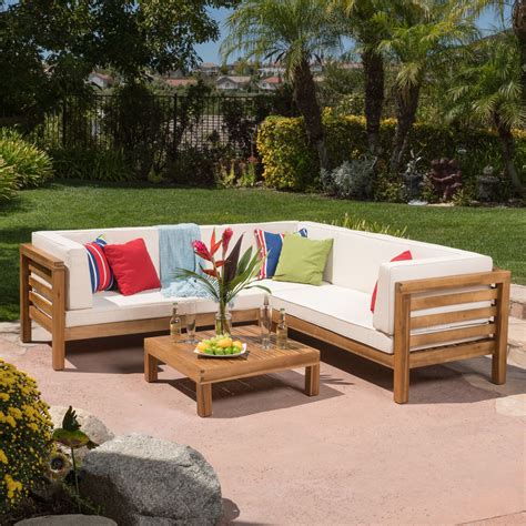Oana Outdoor 4 Piece Acacia Wood Sectional Sofa Set With