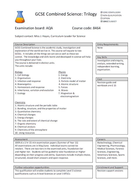 Gcse Combined Science Trilogy Core Subject Thamesmead School