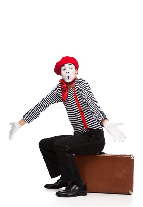 Mime Sitting On Brown Suitcase And Showing Shrug Gesture Stock Image Image Of Comedy