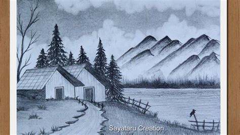 Beautiful Village Scenery Drawing With Pencil Step By Step Pencil