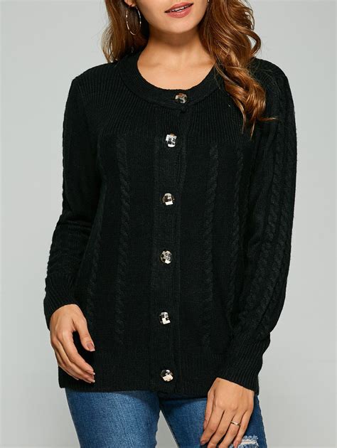Cable Knit Cardigan With Buttons Black One Size In Sweaters