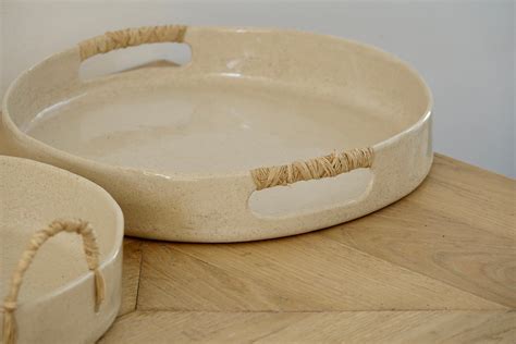 Ceramic Decorative Tray With Rope Handle White Beje Pottery Etsy