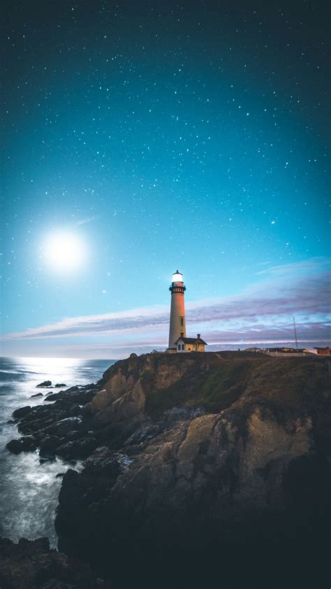Download Wallpaper 1080x1920 Lighthouse Starry Sky Shore Pescadero