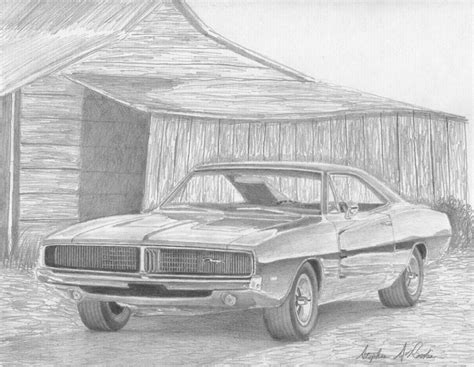 1969 Dodge Charger Muscle Car Art Print Drawing By Stephen Rooks