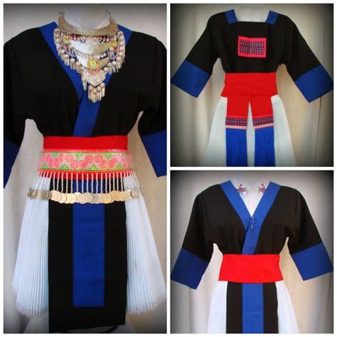 A Beautiful Original Hmong Outfit In Blue And Black With White Dress And Red Slash Hmong