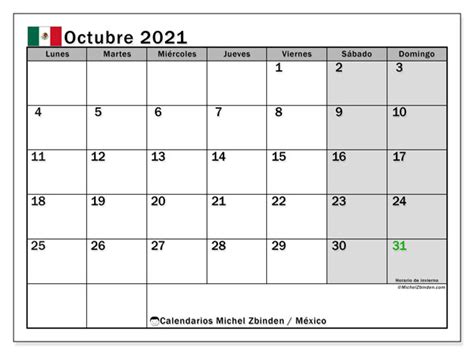 Calendario “méxico” Octubre De 2021 Para Imprimir Michel Zbinden Es