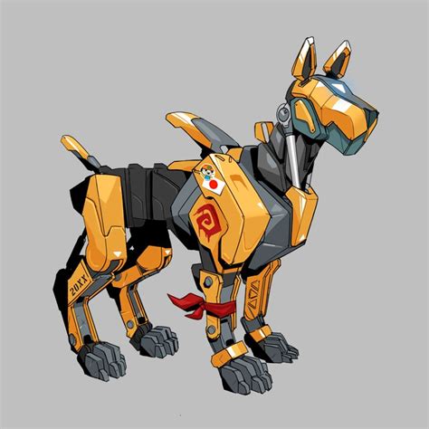 A Yellow And Black Robot Dog Standing On Top Of A Gray Ground With Its