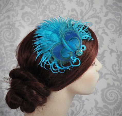 peacock feather hair accessory teal turquoise aqua blue etsy
