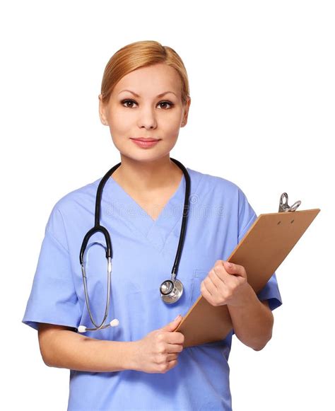 Smiling Young Nurse With Stethoscope And Clipboard Isolated Stock Image