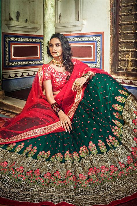 Buy Bottle Green And Red Net Lehenga Choli With Floral Embroidery