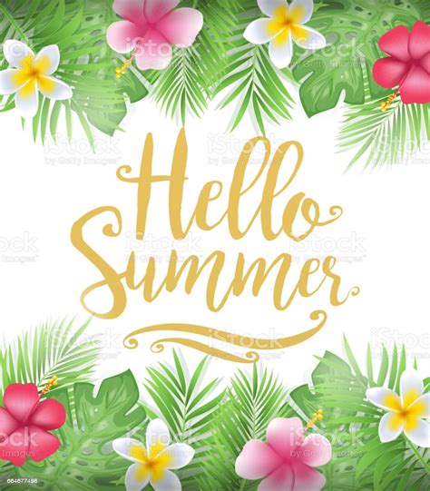 Beautiful Floral Hello Summer Poster With Tropical Leaves And Flowers