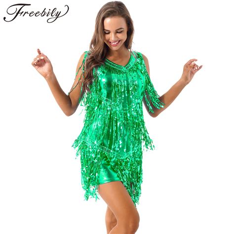 Freebily Women Ballroom Salsa Samba Rumba Tango Tassel Sparkling Sequins Latin Dance Dress High