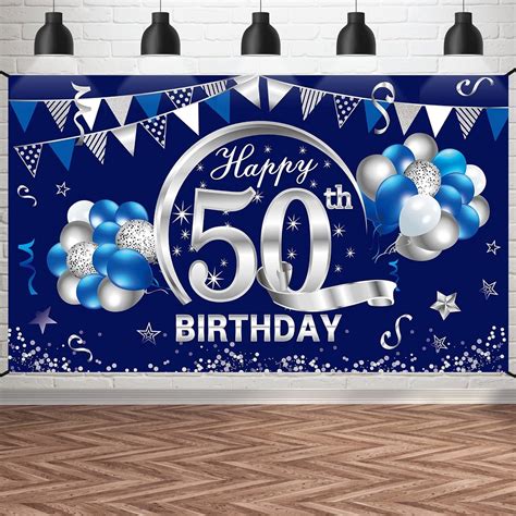 Blue Silver 50th Birthday Banner Decorations For Men Happy 50