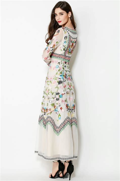 Embroidery Flowers Long Sleeve Ankle Length Dress
