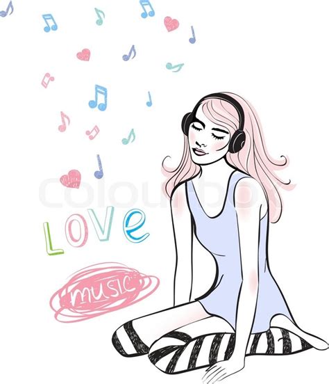 Illustration Girl Listening To Music Stock Vector Colourbox