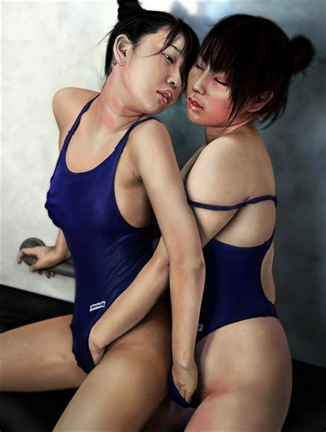 Rule 34 2girls Asian Black Hair Blue Swimsuit Blush Female Female Only Fingering Masturbation