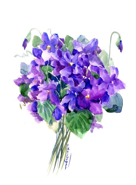 Violets Original Watercolor Painting Purple Flowers Wild Flowers