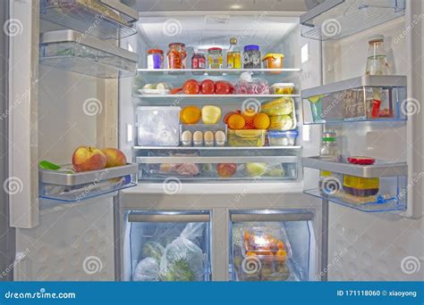Open Refrigerator With Stocked Food Stock Photo Image Of Double