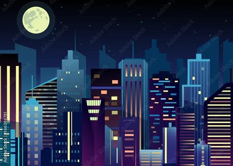Vector Illustration Of Night Urban City Landscape Big Modern City With