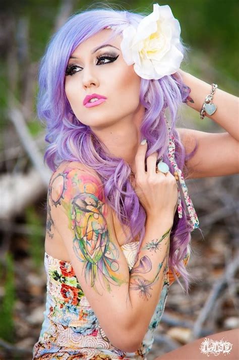 Purple Hair And Tattoos Women Beauty Girl