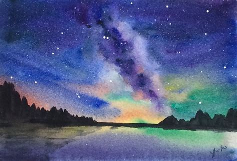Original Watercolor Landscape Painting 5x7 Milky Way Galaxy Art