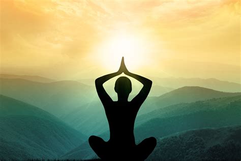Yoga And Meditation Silhouette Of Man In Mountains Energy Healer