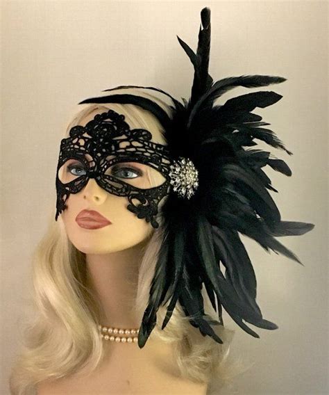 Black Lace Masquerade Mask With Feathers Masked Ball Etsy Lace