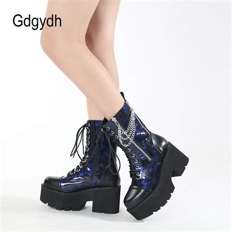 Gdgydh Blue Chunky Platform Boots Women Mid Calf Combat Boots Chains