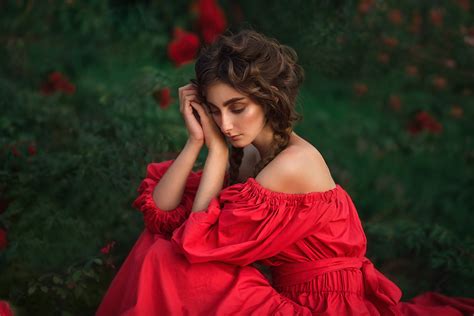 1920x1280 Woman Mood Red Dress Girl Brunette Model Wallpaper