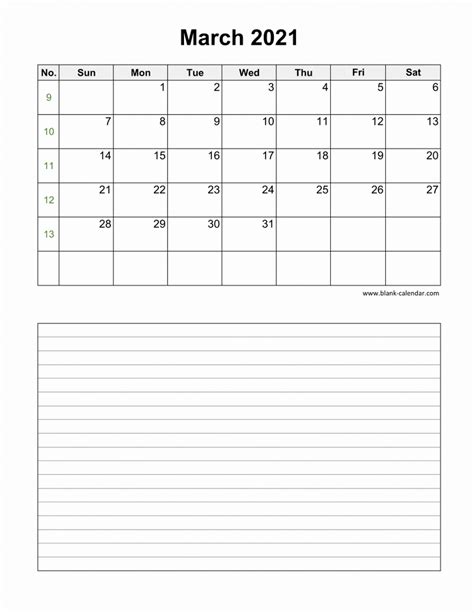 Download March 2021 Blank Calendar With Space For Notes Vertical