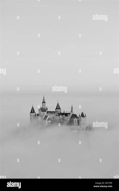 Burg Hohenzollern Castle Fog Autumn Black And White Stock Photos