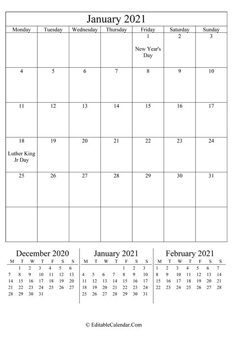 The template uses a light blue highlights, making it easy to spot the months in a year. January 2021 Calendar Templates